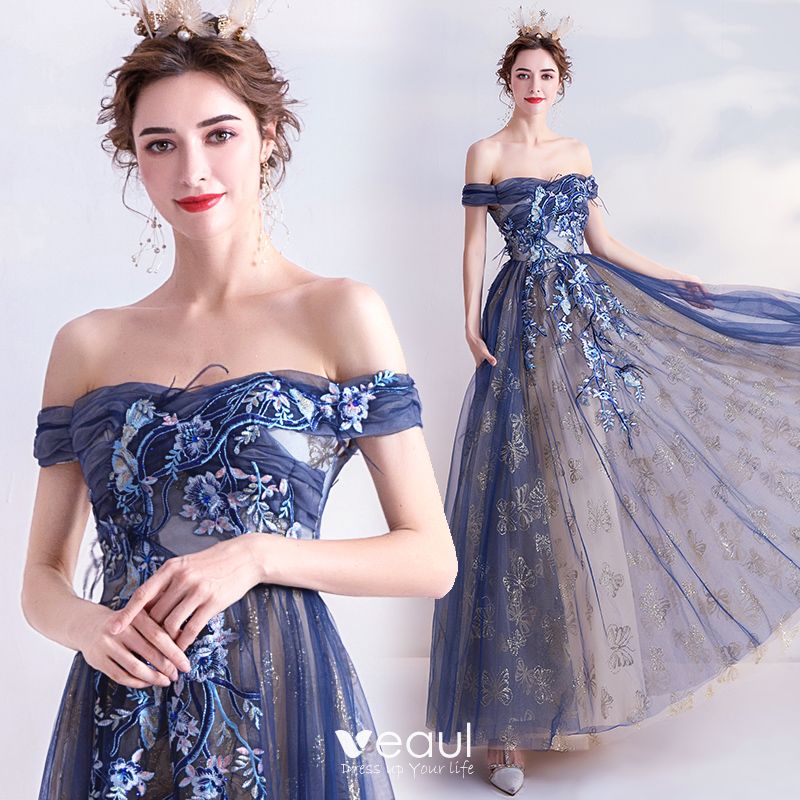 Elegant Navy Blue Evening Dresses 2020 A-Line / Princess Glitter Off ...