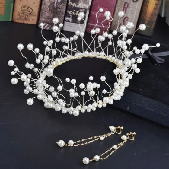 Amazing / Unique Gold Ivory Bridal Jewelry 2018 Metal Pearl Tiara ...