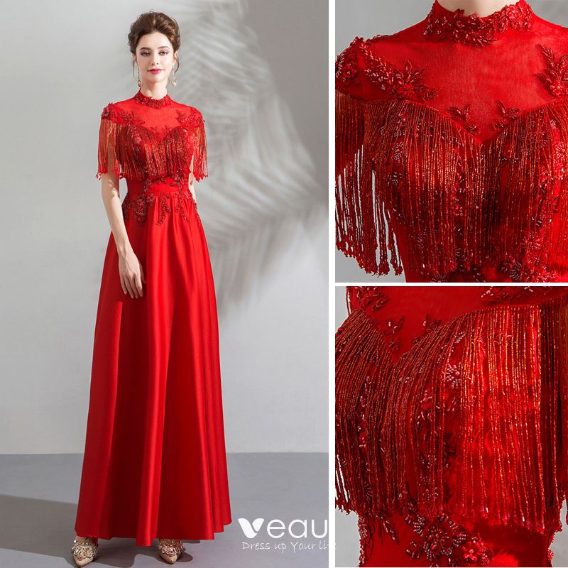 Luxury Gorgeous Red Evening Dresses 2018 A Line Princess Beading Tassel Crystal Rhinestone 