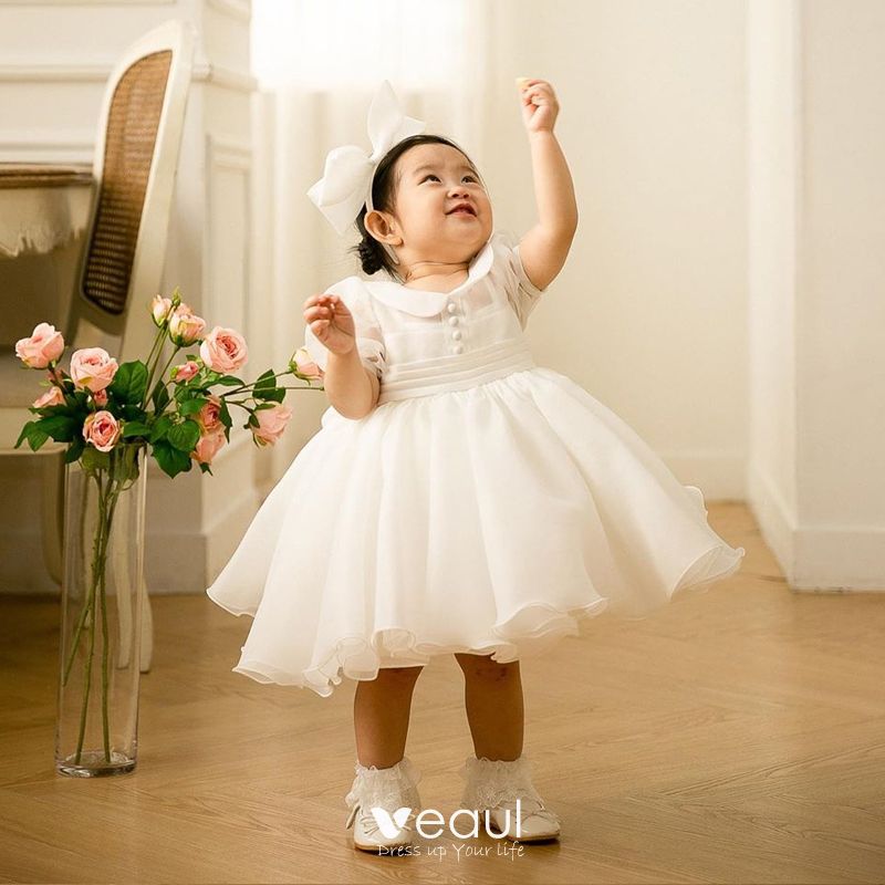 Stylish White Flower Girls Dress For Wedding Party High Neck Baptism Gowns  Tulle Full Sleeve Appliques Kid Holy Communion Gown