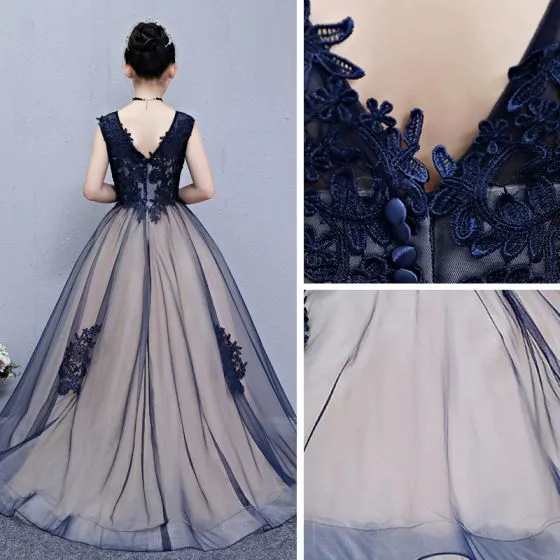 Chic / Beautiful Navy Blue Flower Girl Dresses 2019 A-Line / Princess V ...