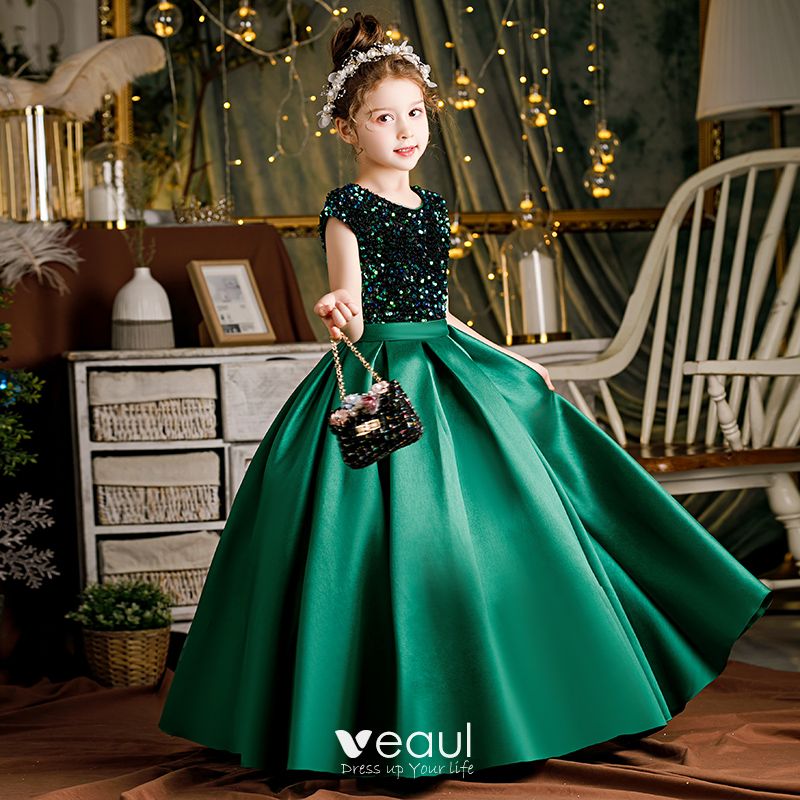 Chic Beautiful Dark Green Sash Sequins Birthday Flower Girl Dresses Ball  Gown 2021 Satin
