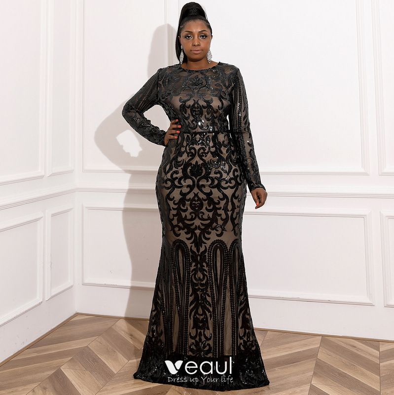 Etablering vene Overskyet Sparkly Black Sequins Plus Size Evening Dresses 2022 Scoop Neck Long Sleeve  Evening Party Sweep Train Formal Dresses