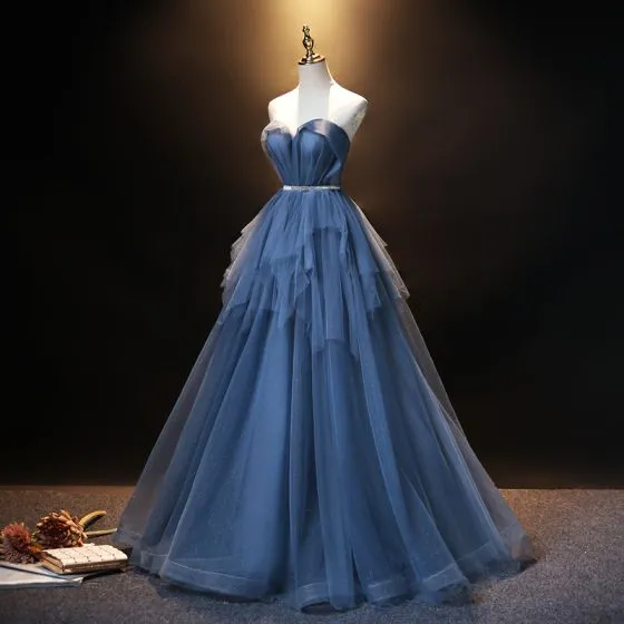 Fashion Ocean Blue Prom Dresses 2021 A-Line / Princess Strapless ...