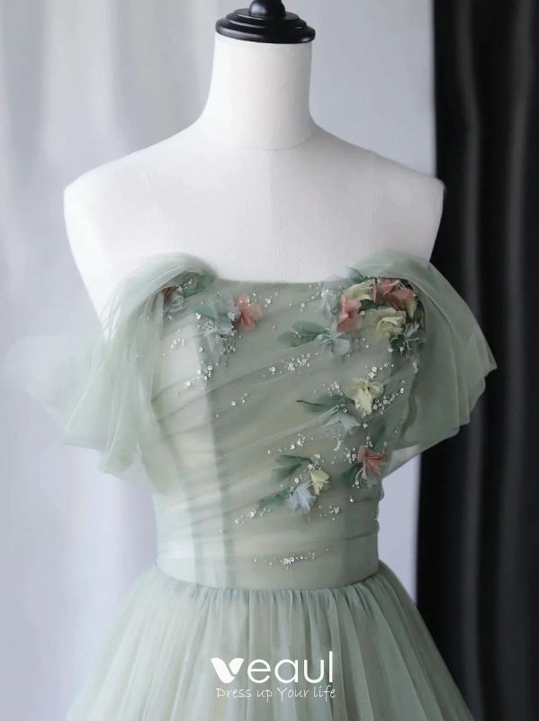 Romantic Leaf Sage Green Prom Dresses 2024 Tulle Off The Shoulder   Romantic Leaf Sage Green Prom Dresses 2024 Tulle Off The Shoulder Sleeveless A Line Princess Formal Dresses 800x800 