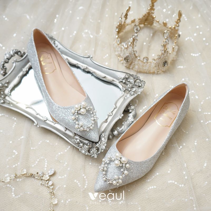 silver flat wedding shoes