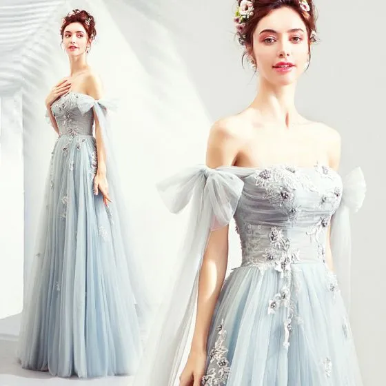 Elegant Sky Blue Prom Dresses 2019 A-Line / Princess Off-The-Shoulder ...