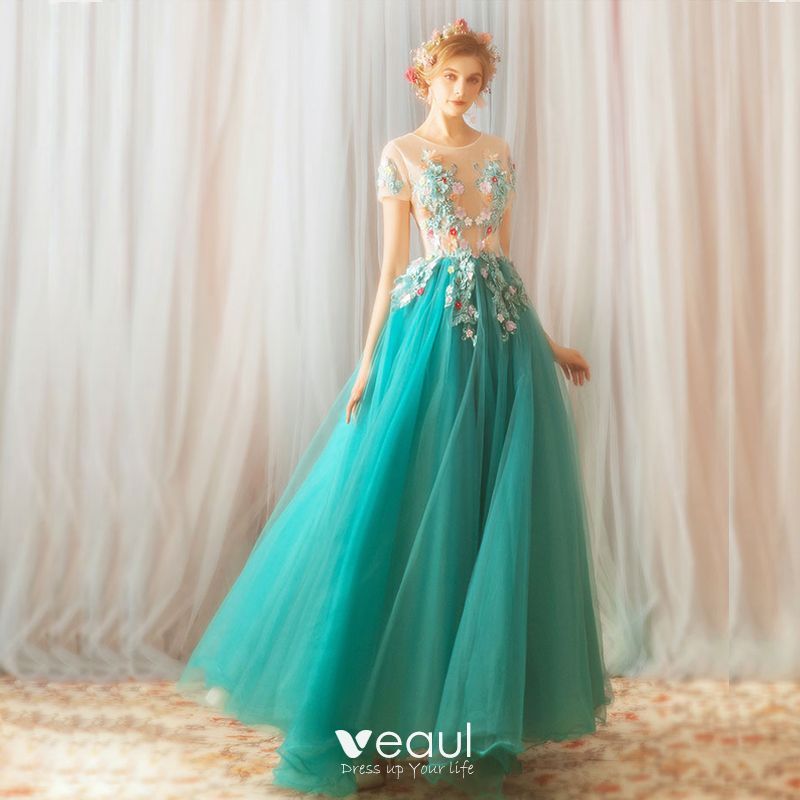 Flower Fairy Jade Green Floor-Length Long Prom Dresses 2018 A-Line / Princess Tulle U-Neck Appliques Backless Beading Evening Party Evening Dresses