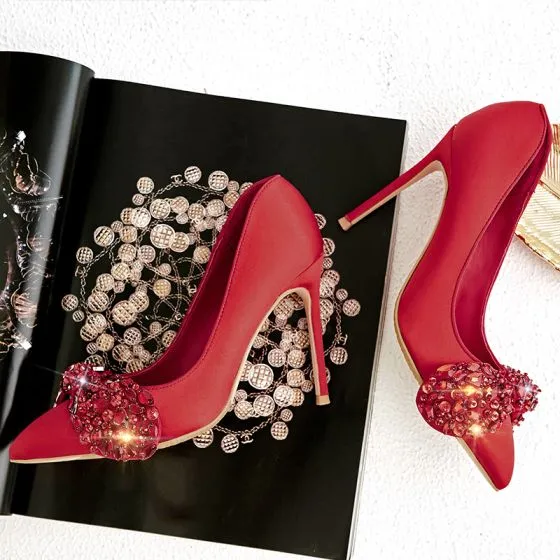 red satin pumps with rhinestones