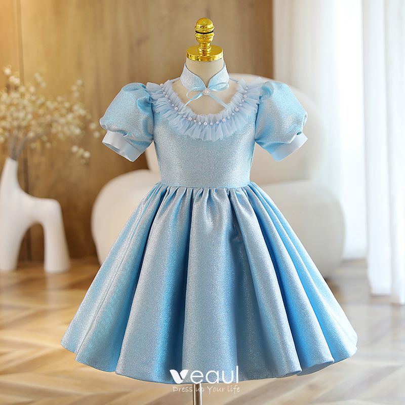 Chic / Beautiful Sky Blue Glitter Short Flower Girl Dresses 2022 A-Line ...