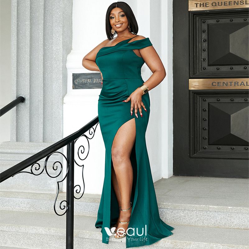 Sexy Plus Size Dark Green Split Front Evening Dresses 2022 Trumpet / Mermaid One-Shoulder Sleeveless Backless Floor-Length / Long Party Formal Dresses