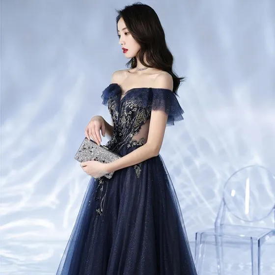 Fashion Navy Blue See-through Glitter Prom Dresses 2021 A-Line ...