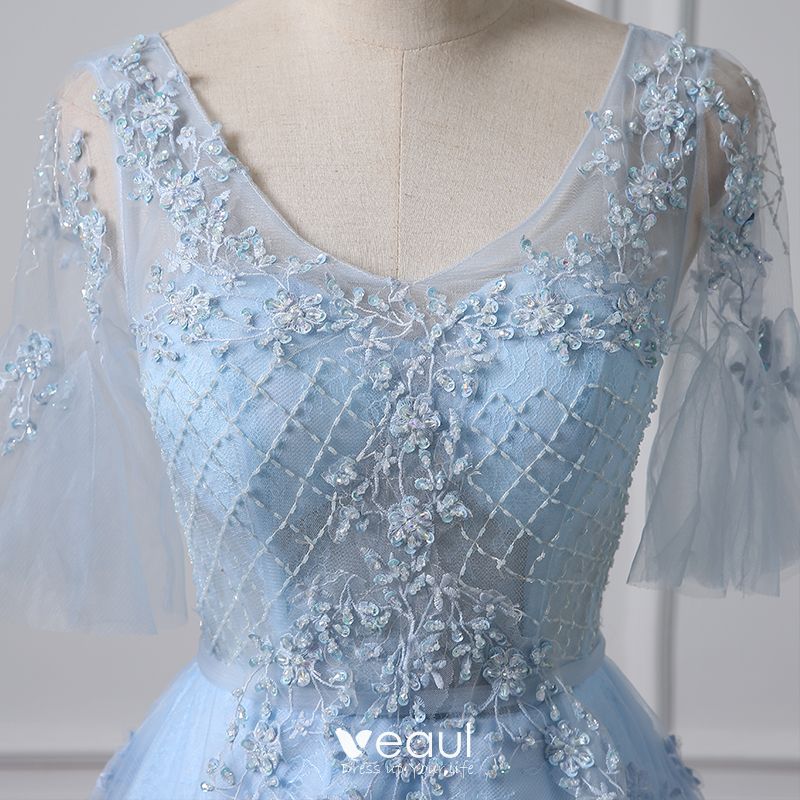 Illusion Sky Blue Pierced Evening Dresses 2018 A-Line / Princess V-Neck ...