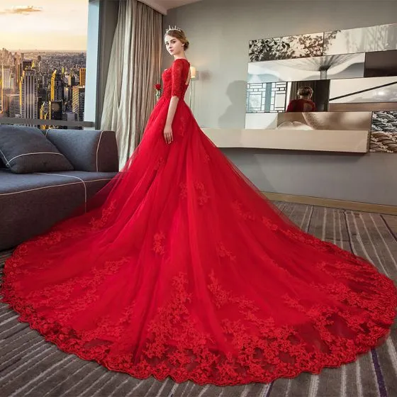 Elegant Red Wedding Dresses 2018 Ball Gown Scoop Neck 1/2 Sleeves ...