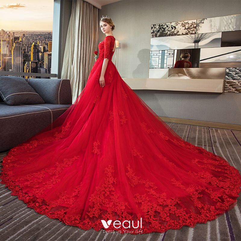 Elegant Red Wedding Dresses 2018 Ball Gown Scoop Neck 1/2 Sleeves ...