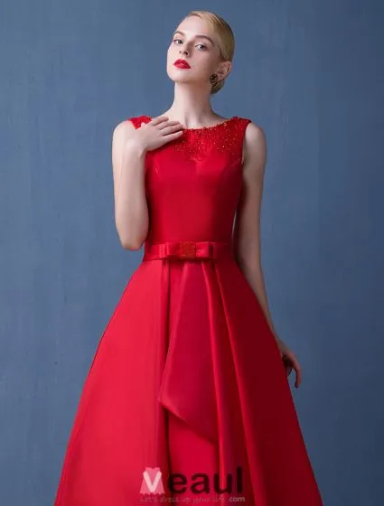 2016 Fashion Scoop Neckline Beaded Backless Red Thick Satin Party Dress ...
