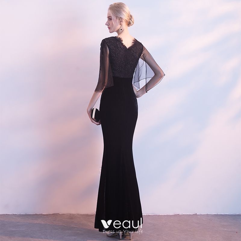 Sexy Black Suede Evening Dresses 2018 Trumpet / Mermaid V-Neck 1/2 ...