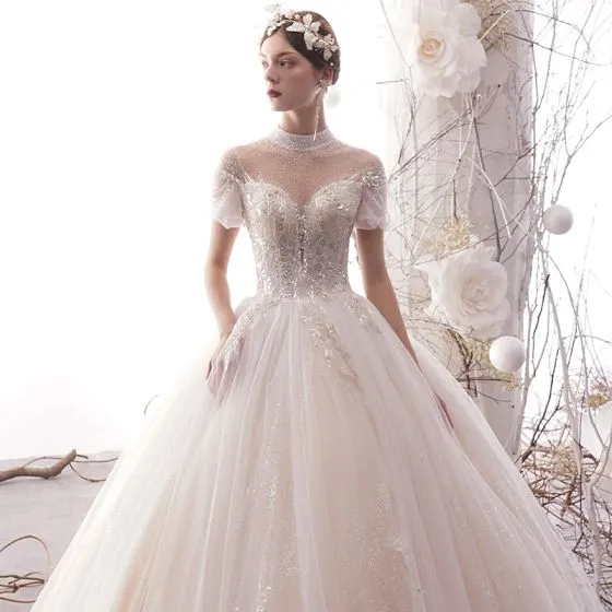 high neck short sleeve wedding dress