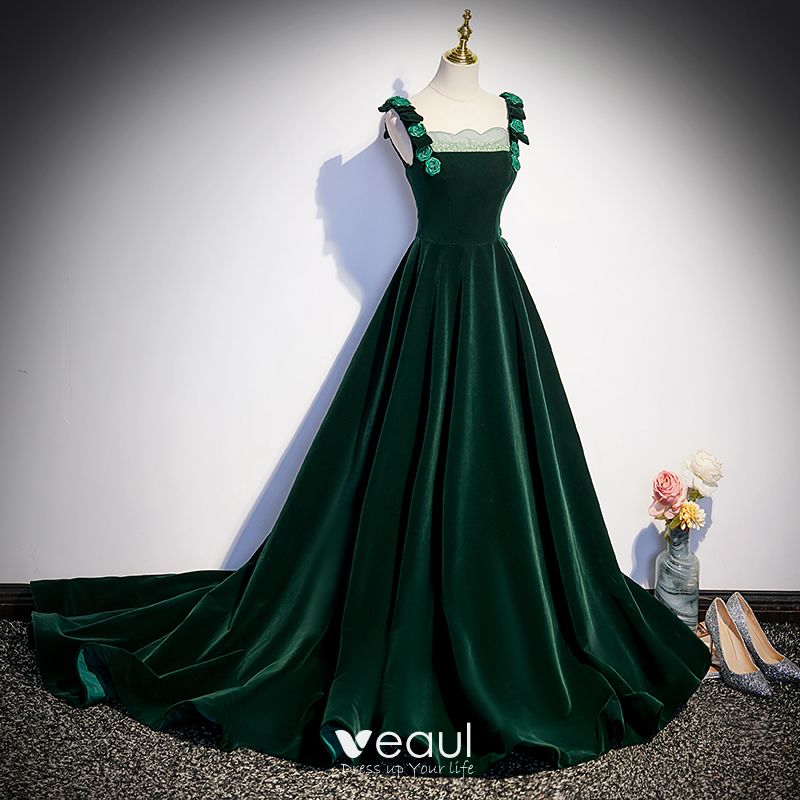 Modest / Simple Dark Green Appliques Suede Prom Dresses 2023 A-Line ...