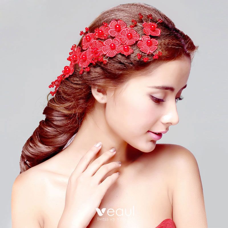 Red Bridal Headdress Head Flower Wedding Hair Accessories Cheongsam Dress Accessories Wedding Jewelry