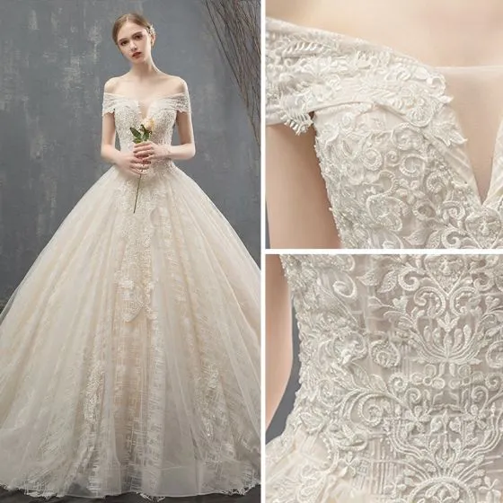 Luxury / Gorgeous Champagne Wedding Dresses 2018 Ball Gown Lace Flower ...