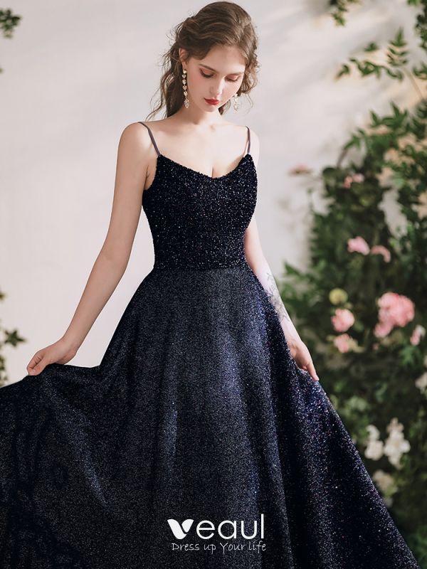 Best Black Dancing Prom Dresses 2020 A Line Princess Spaghetti Straps Sleeveless Sequins