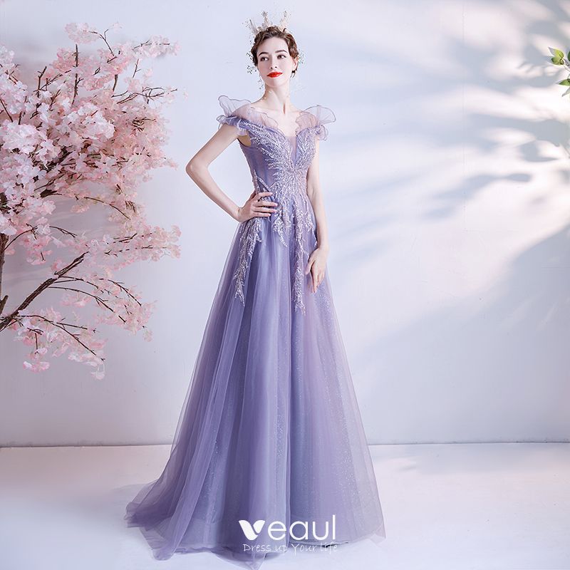 Elegant Purple Prom Dresses 2021 A-Line / Princess Off-The-Shoulder ...