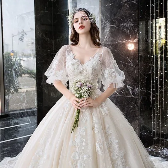 Charming Champagne Wedding Dresses 2019 Ball Gown V-Neck Appliques ...