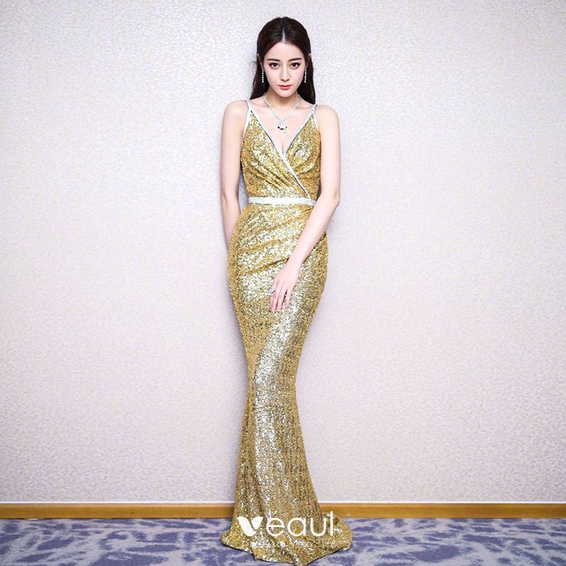 Sparkly Gold Sequins Evening Dresses 2018 Trumpet Mermaid Spaghetti Straps Sleeveless Rhinestone Sash Floor Length Long Backless Formal Dresses