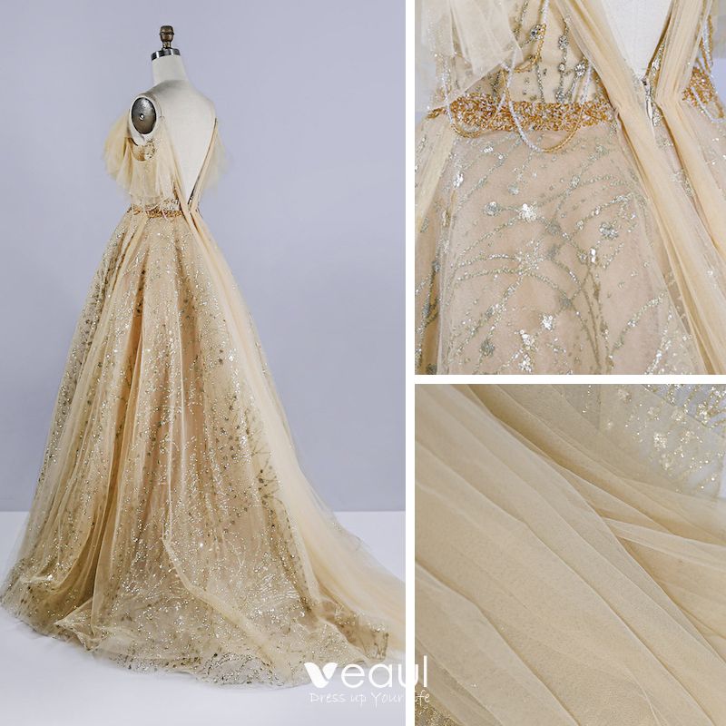 Best Champagne Prom Dresses 2020 A-Line / Princess Spaghetti Straps Sleeveless Beading Sequins 