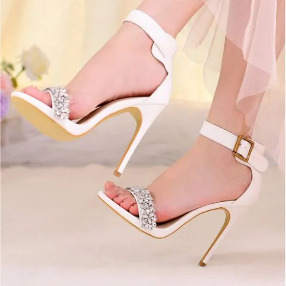 Charming White Rhinestone Wedding Shoes 2021 Ankle Strap 11 cm Stiletto ...