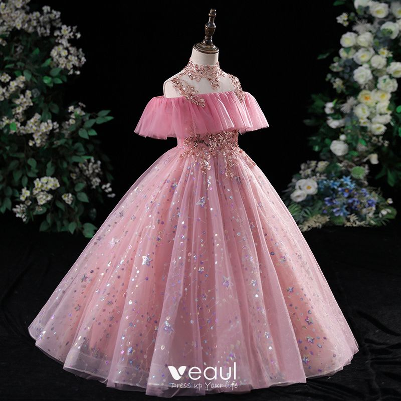 Chic Beautiful Candy Pink Beading Sequins Birthday Flower Girl Dresses 2022  Ball Gown