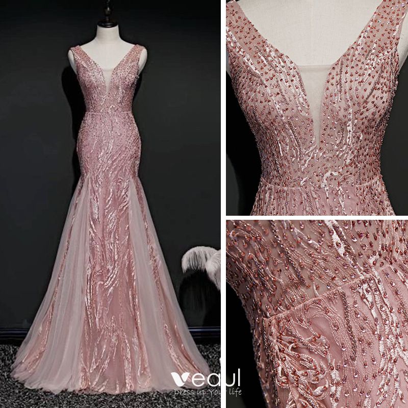 High-end Pearl Pink Evening Dresses 2020 Trumpet / Mermaid Deep V-Neck ...