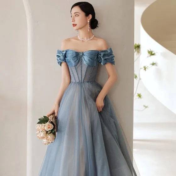 Sexy Pool Blue Prom Dresses 2021 A-Line / Princess Ruffle Off-The ...