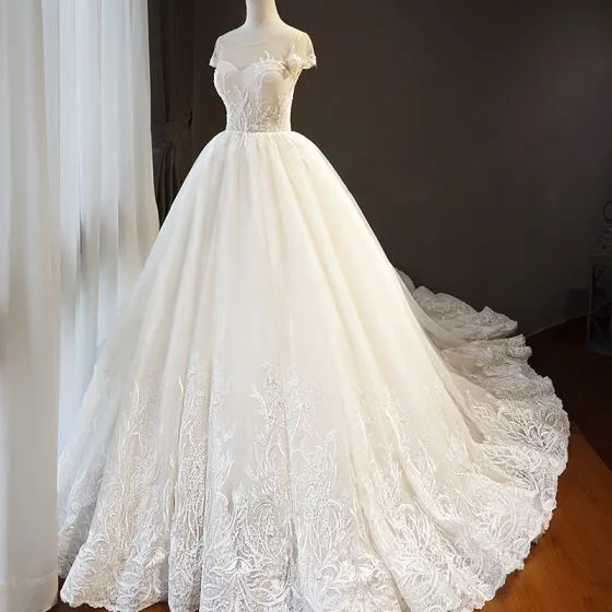 Elegant Champagne Wedding Dresses 2018 Ball Gown Lace Flower Scoop Neck ...