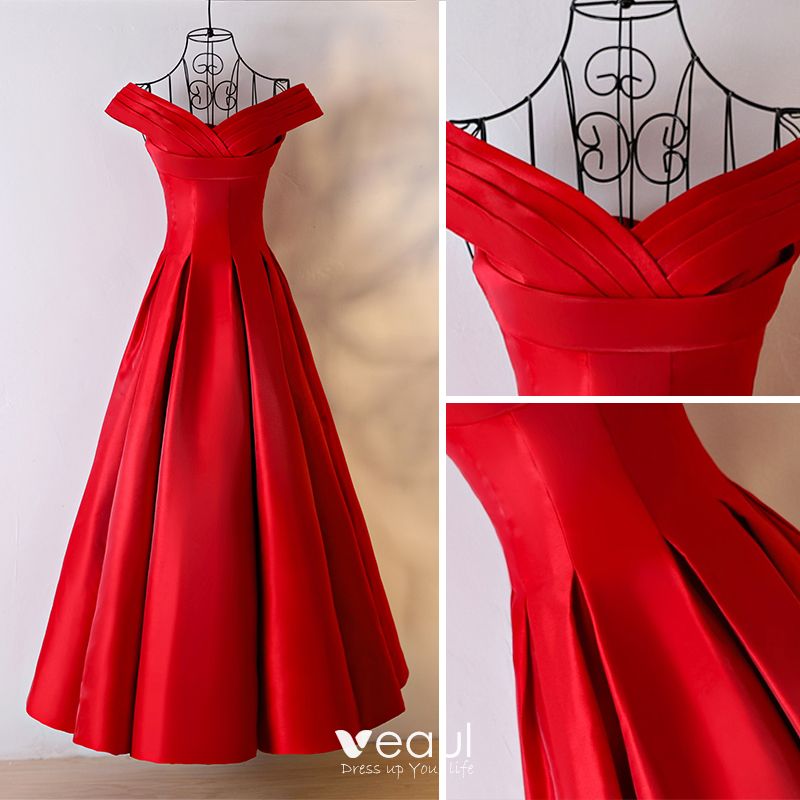 Chic Beautiful Red Evening Dresses 2017 A Line Princess V Neck Sleeveless Ankle Length 1360