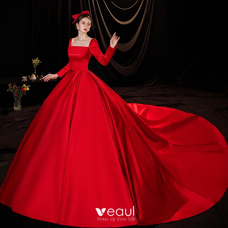 Chic / Beautiful Red Satin Wedding Dresses 2021 Ball Gown Square ...