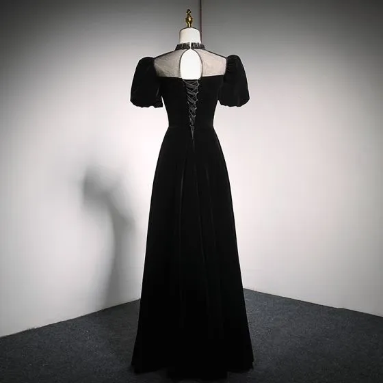 Elegant Black Suede Prom Dresses 2021 A-Line / Princess High Neck Bow ...