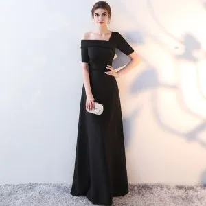 Chic / Beautiful Black Evening Dresses 2017 A-Line / Princess Amazing / Unique One-Shoulder 1/2 Sleeves Pearl Crystal Floor-Length / Long Backless Formal Dresses
