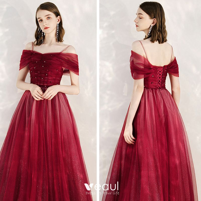 Chic / Beautiful Red Evening Dresses 2020 A-Line / Princess Off-The ...