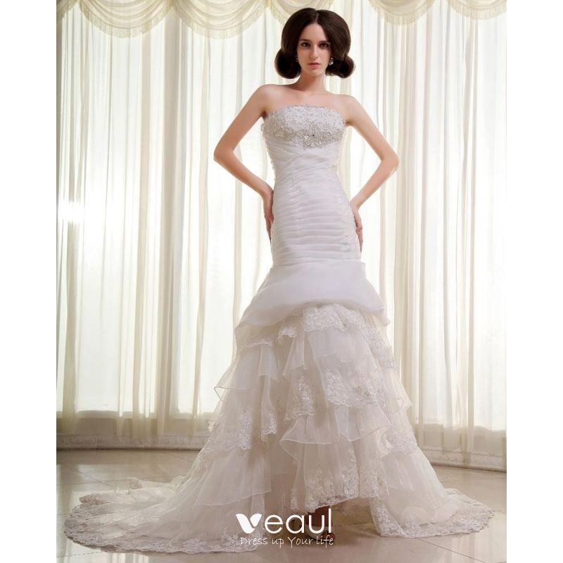 Organza Lace Beading Ruffles Strapless Chapel Train Mermaid