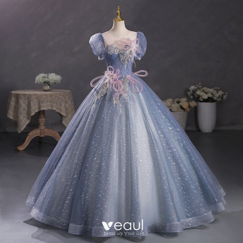 Chic / Beautiful Ocean Blue Sequins Pearl Lace Flower Prom Dresses 2023 ...