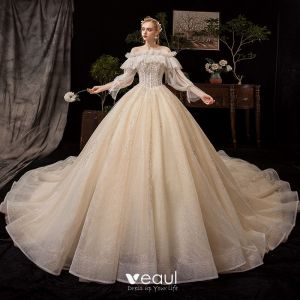 Victorian Style Champagne Wedding Dresses 2019 Ball Gown Off-The-Shoulder  Detachable Puffy Long Sleeve Backless Glitter Tulle Appliques Lace Beading  Cathedral Train Ruffle