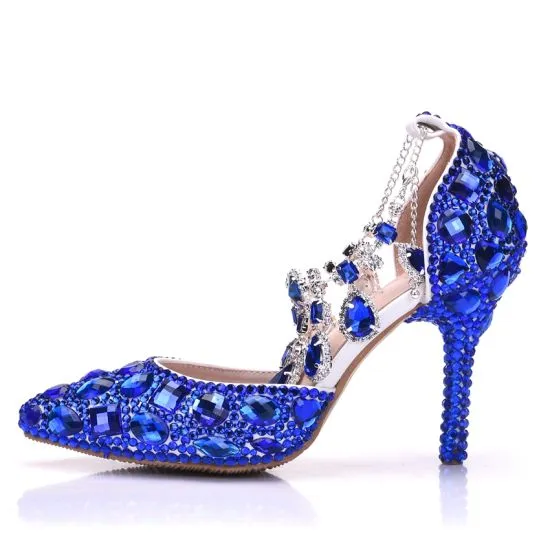 Charming Royal Blue Evening Party Womens Shoes 2018 Crystal Rhinestone ...