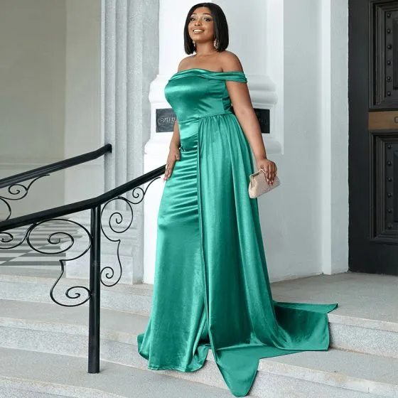 vegne Forbedre overskæg Chic / Beautiful Mint Green Plus Size Evening Dresses 2022 Trumpet /  Mermaid Off-The-Shoulder Short Sleeve Backless Evening Party Sweep Train Formal  Dresses