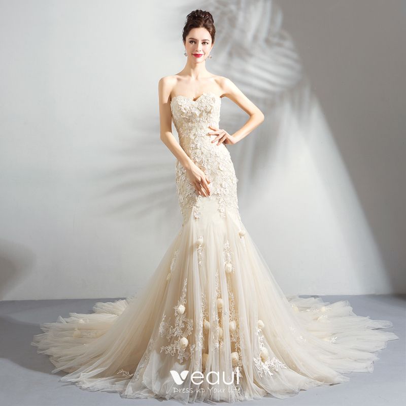Affordable Champagne Wedding Dresses 2018 Trumpet Mermaid