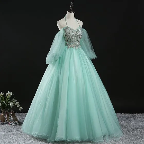 Chic / Beautiful Mint Green Prom Dresses 2020 Ball Gown Halter Puffy ...