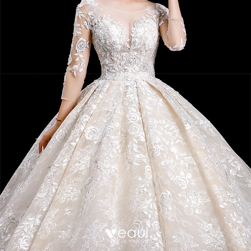 Charming Champagne See-through Wedding Dresses 2020 Ball Gown Scoop ...