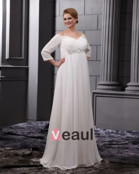 Chiffon Beads V Neck Floor Length Plus Size Bridal Gown Wedding Dress