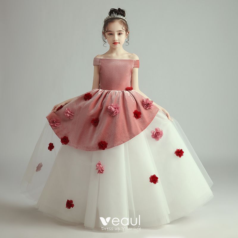 Two Red White Birthday Flower Dresses 2020 Ball Gown Off-The-Shoulder Short Sleeve Backless Appliques Flower Floor-Length / Long Ruffle